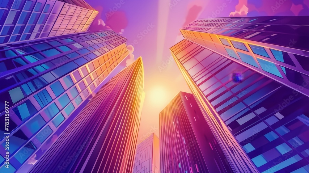Low angle sunset view through glass windows of skyscrapers against purple sky. Highrise urban architecture with vibrant evening dusk light, cartoon modern illustration.