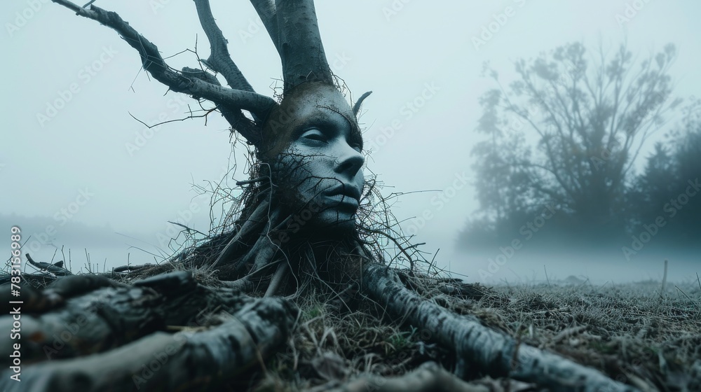 Fototapeta premium Twisted roots morph into a ghostly face amidst mist, a metaphor for nature's mysteries