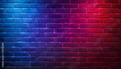 Moody blue and pink neon lights cast a glow on a grungy brick wall, perfect for a modern industrial aesthetic photo