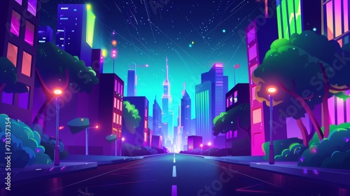 An illuminated night street with green neon illumination. A view of a megalopolis' infrastructure in the dark, with urban architecture. Cartoon modern illustration of an urban landscape in the dark. © Mark