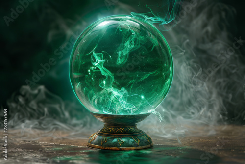 A green crystal ball with smoke coming out of it