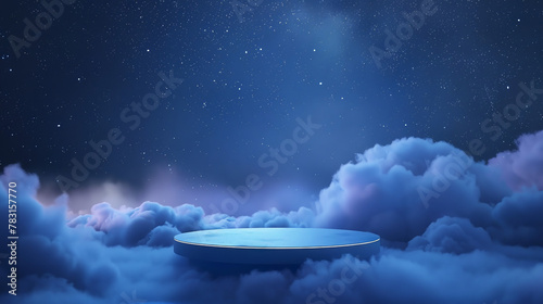 3d blue podium on background of clouds and stars, space for product presentation, night sky background with fog 16:9