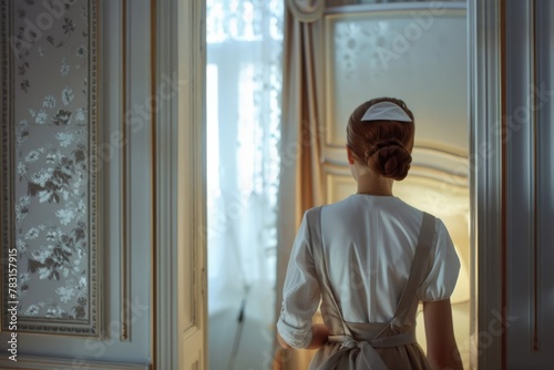 Maid in uniform opening curtains to let light into an elegant hotel room. Maid Opening Curtains in Elegant Hotel Room