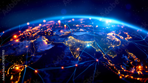 The focal point of the digital world extends from Asia to the Middle East, embodying the interconnectedness of global networks. It symbolizes the seamless transfer of data.