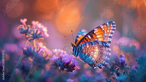 Butterfly on lavender with intricate wing patterns in sunset light 