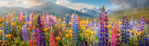 A field of wildflowers with a mountain in the background. The flowers are a mix of yellow, orange, and purple photo