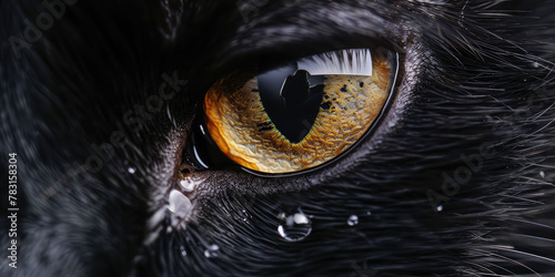 A close-up of a cat face and eye with a drop of liquid. Eye drops for pets, slensotility and allergies in cats. photo