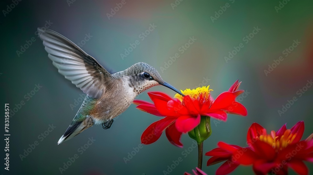 Fototapeta premium Hummingbird feeding on a red flower in a colorful garden