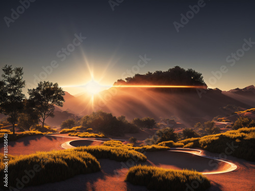 A sunrise over a desert landscape with sand dunes and trees in the foreground.
