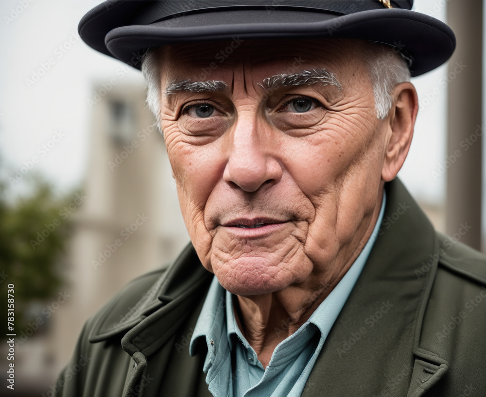 An older man wearing a hat and a jacket, looking at the camera with a serious expression.