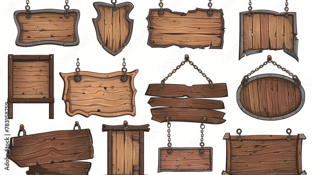 Decorative wooden signboards isolated on white background. Modern illustration of vintage frames hanging on chains. Template for a bar or saloon nameplate with wood texture. Decorative wooden signboards isolated on white background. Modern illustration of vintage frames hanging on chains. Template for a bar or saloon nameplate with wood texture.
