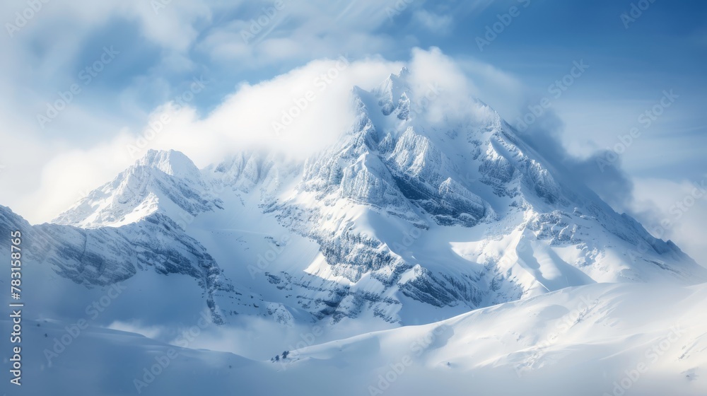 Obraz premium A mountain peak covered in a blanket of snow, set against a backdrop of heavy clouds in the sky. The snow-capped mountain creates a stark contrast against the dark clouds above.