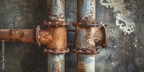 Close-up Old rusty pipes in an apartment. Renovation of dilapidated housing, replacement of plumbing and pipes. 