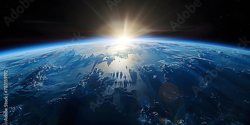 wide shot of the earth from space  blue horizon  black sky  bright sun in upper left corner  cinematic