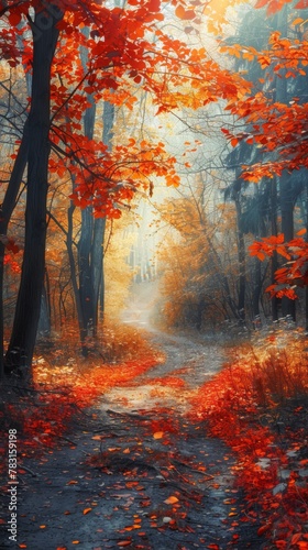 A realistic painting capturing a path winding through a dense forest. Sunlight filters through the canopy, casting dappled shadows on the ground.