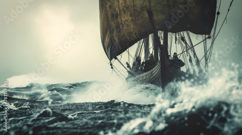 Viking longboat sailing on stormy seas