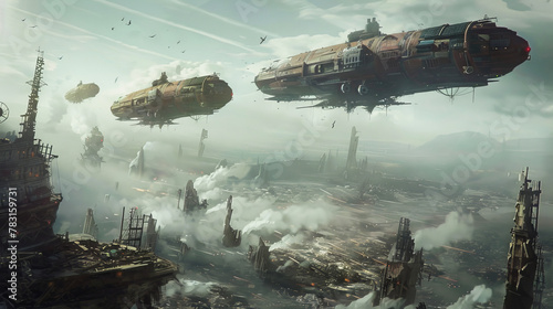 Post apocalyptic airships over damaged structures