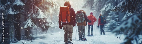 A group of people are walking through the snow in the woods. They are all wearing backpacks and are carrying skis. Scene is adventurous and exciting