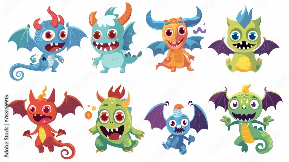 Modern illustration of cute alien characters with happy faces, fangs, horns, and sweet cyclope mascot with wings. Comic colorful creatures.