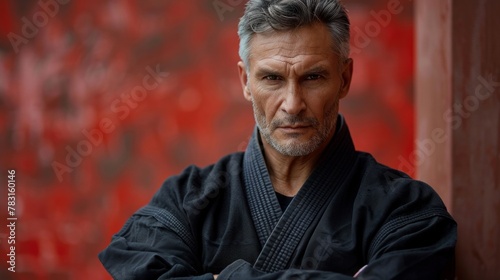 Caucasian aikido master wearing kimono sitting in training room.
