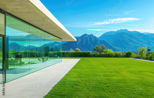 Modern villa with a large lawn, view of the valley and mountains in Italy, sunny day, blue sky, white walls and glass windows © Kien