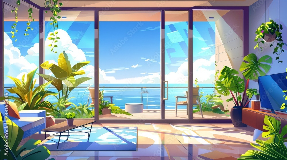 A cartoon room interior with a glass wall and flower pots. Illustration of a modern office, apartment balcony, and hotel patio with a seascape view, green plants on the floor and ceiling, and a