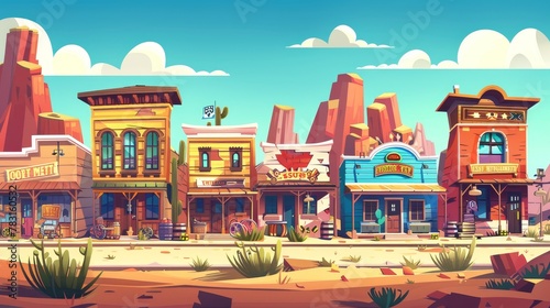 In a wild west town street with an old cowboy saloon building, cartoon western banks, stores, and hotels are arranged near the road in a desert environment. Outdoor drawing illustration for Texas.