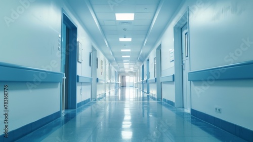 Long Hospital Hallway With Blue Doors