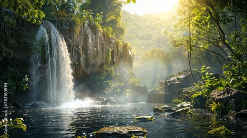 A large waterfall cascading down rocks in the middle of a dense forest, surrounded by greenery and trees. The water plunges downward with great force, creating a mesmerizing sight in the tranquil sett photo