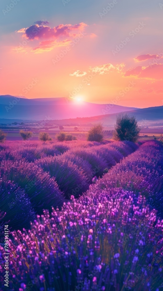 A lavender field under the setting sun, with rows of purple flowers stretching towards the horizon as the sun casts a warm glow in the background.