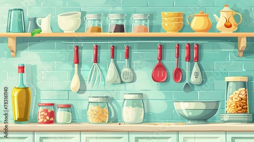Modern cartoon illustration of the wall shelf of the kitchen with utensils, seasoning jars, salt, pepper, sugar, oatmeal, and quonoa containers, as well as clean plates, bowls, and cups.