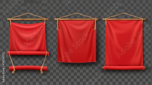 Modern realistic mockup of red canvas banners with horizontal fabric flags and scarlet cloth placards with folds.