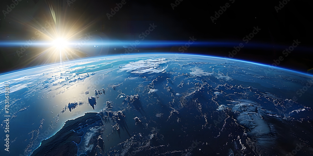Obraz premium wide shot of the earth from space, blue horizon, black sky, bright sun in upper left corner, cinematic