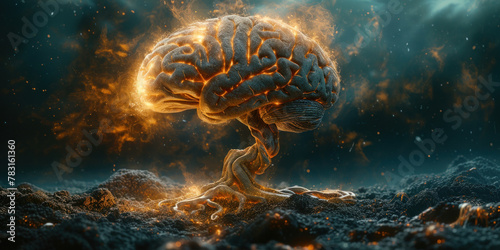 Burning Brain on Fire with Flames Coming Out, Concept of Overwhelmed Mind and Stress