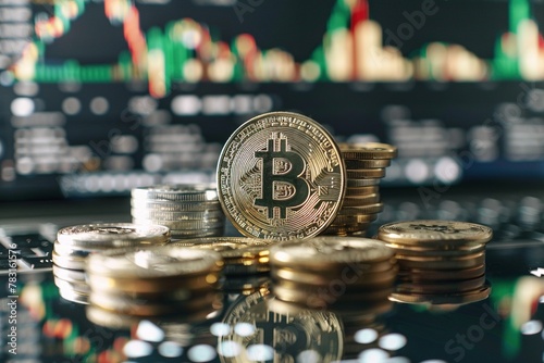 Bitcoin Münzen und im Hintergrund Kryptokurse / Aktienkurse auf einem Monitor 