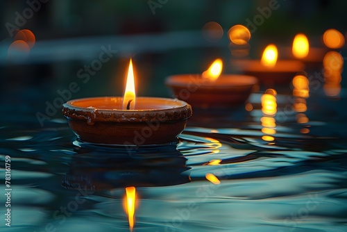 Festive Diya Flames Dancing on Water for Diwali. Concept Diwali Decoration, Water Reflections, Festive Lighting, Indian Traditions, Religious Rituals photo