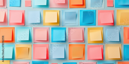 Vibrant assortment of colorful postit notes in blue, orange, pink, and yellow on a wall