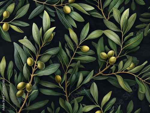 The pattern and illustration of the olive fruits and the leaves of the surrounding branches form an interesting and full pattern. Flat lay style.