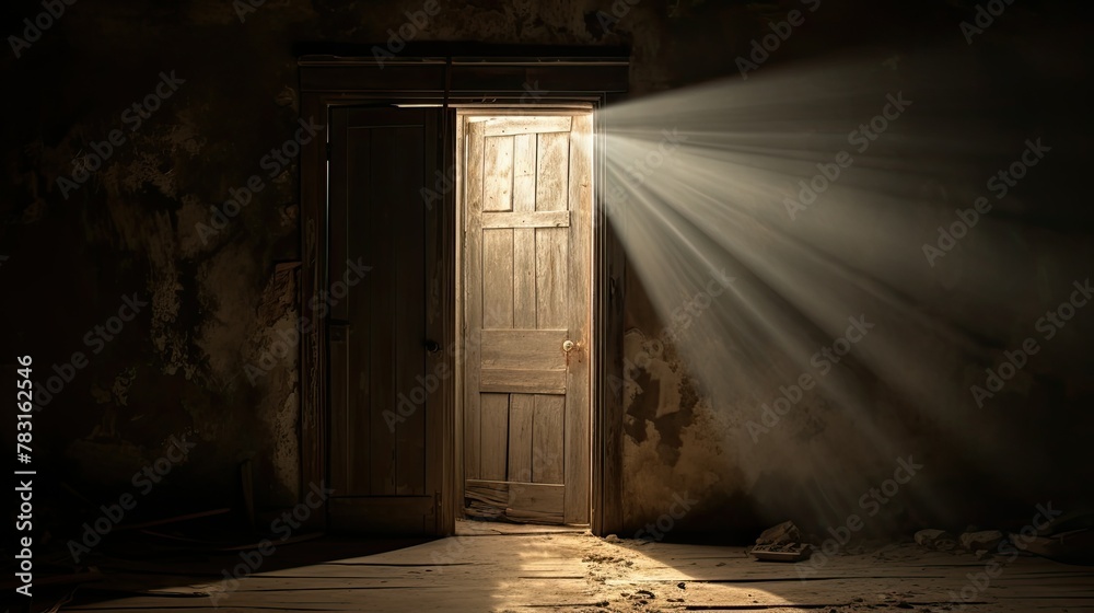 wooden open door with light - obrazy, fototapety, plakaty 