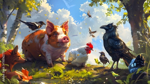 Cute illustrations of animals, dogs, crows, and chickens playing together in the field.