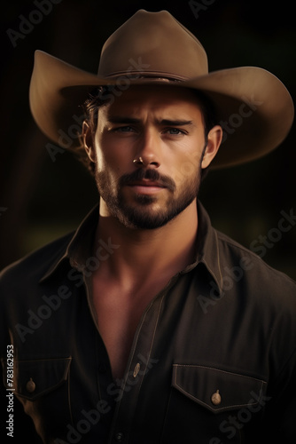 Handsome male cowboy with beard and hat looking at camera