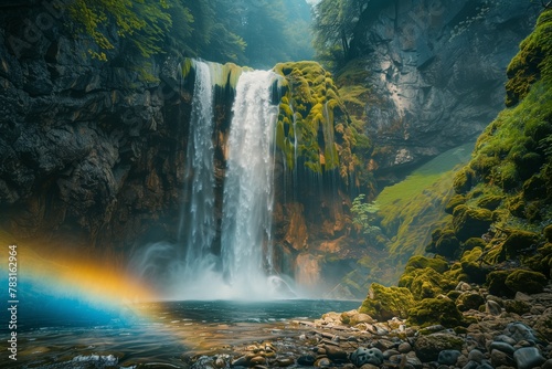 A waterfall with a rainbow in the background