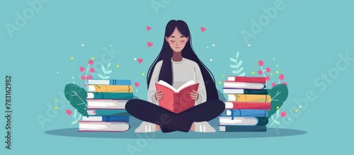 Woman engrossed in reading while seated atop a stack of books photo