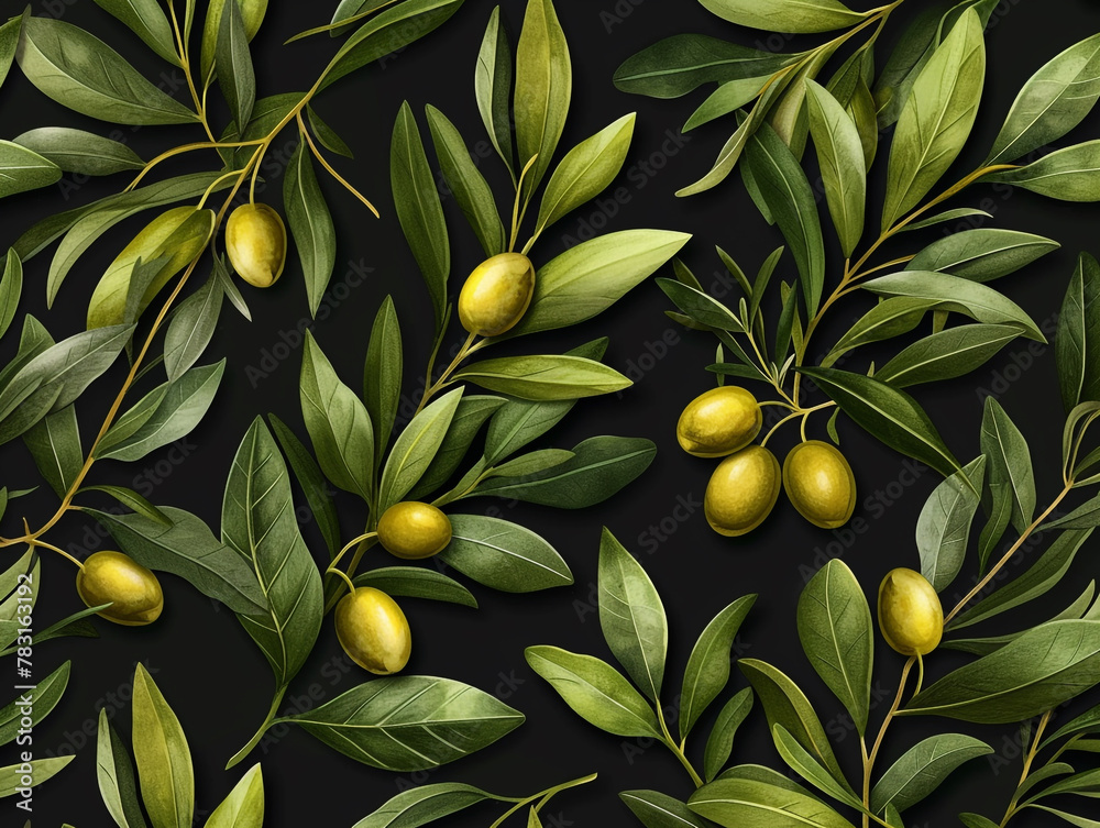 Obraz premium The pattern and illustration of the olive fruits and the leaves of the surrounding branches form an interesting and full pattern. Flat lay style.