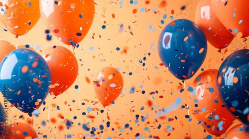 a product photograph of very large number of balloons and some confetti floating in air, on a light orange background. The balloons and confetti are orange and dark blue in color.