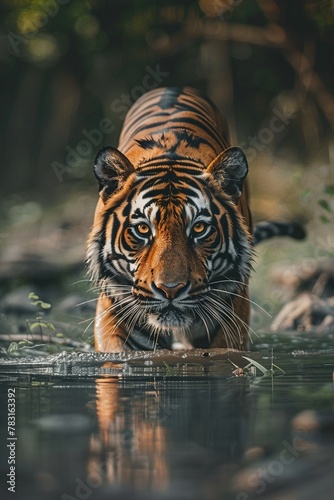Ein Tiger in seinem natürlichen Lebensraum, Ein durchs Wasser laufender Tiger 