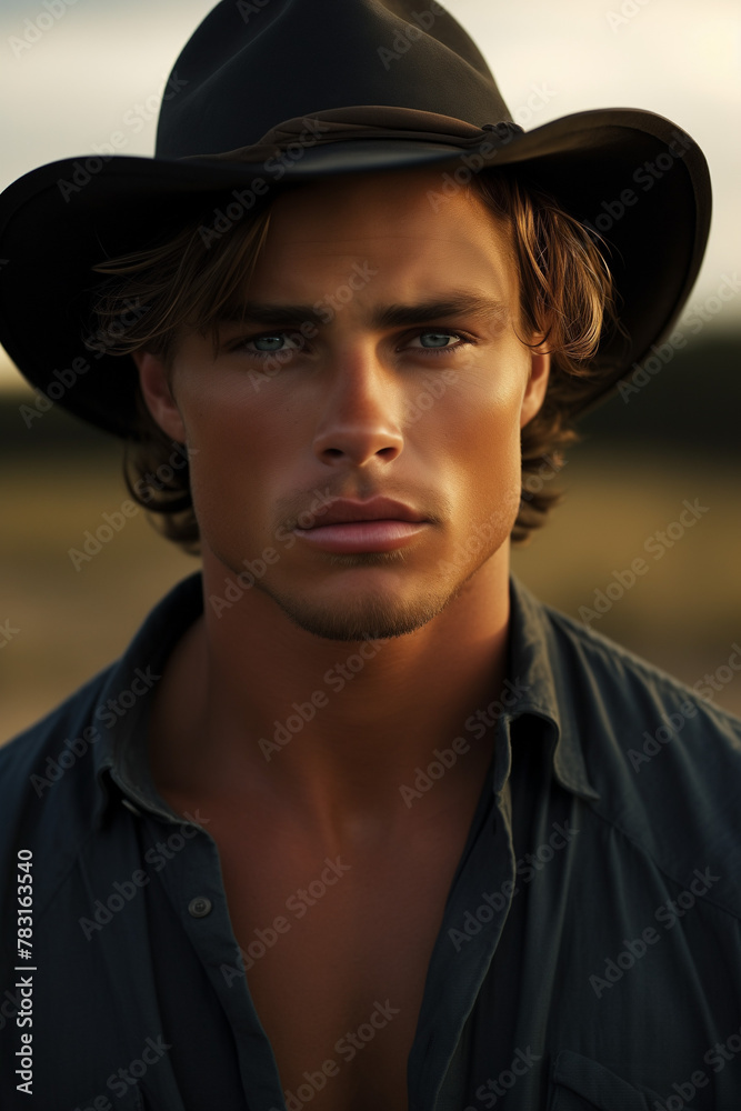Handsome male cowboy with beard and hat looking at camera Handsome male cowboy with beard and hat looking at camera
