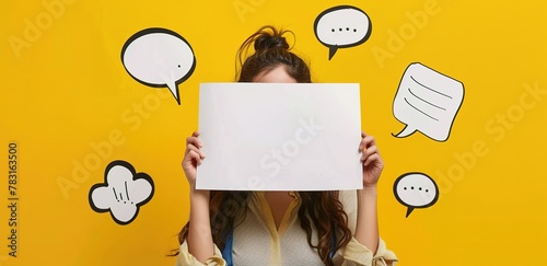 Expressive communication concept: man with blank paper surrounded by colorful speech bubbles