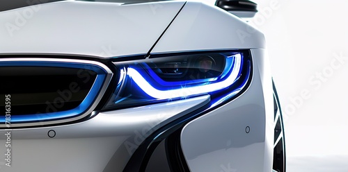 Futuristic elegance  Close-up view of the modern electric car s sleek design  highlighting the intricate blue LED headlights and sleek white body