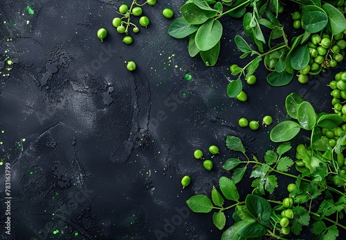 A vibrant display of fresh green peas artistically scattered across a dark textured surface